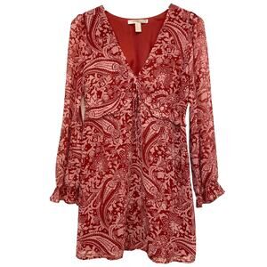 Forever Boho 21 Maroon Paisley Chiffon Ruffled Long Sleeve Dress Women's Size M